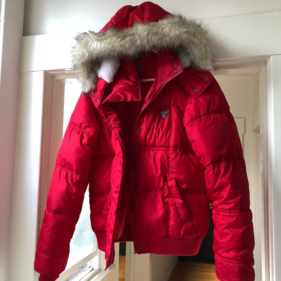 red guess puffer coat